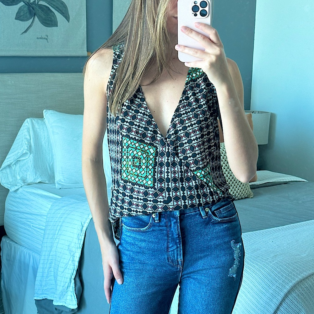 Eight Sixty Mosaic Patterned Blouse with Faux Wrap Detail